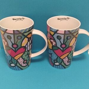 Romero Britto Heart Butterfly Mugs, Rare and Collectible Pair